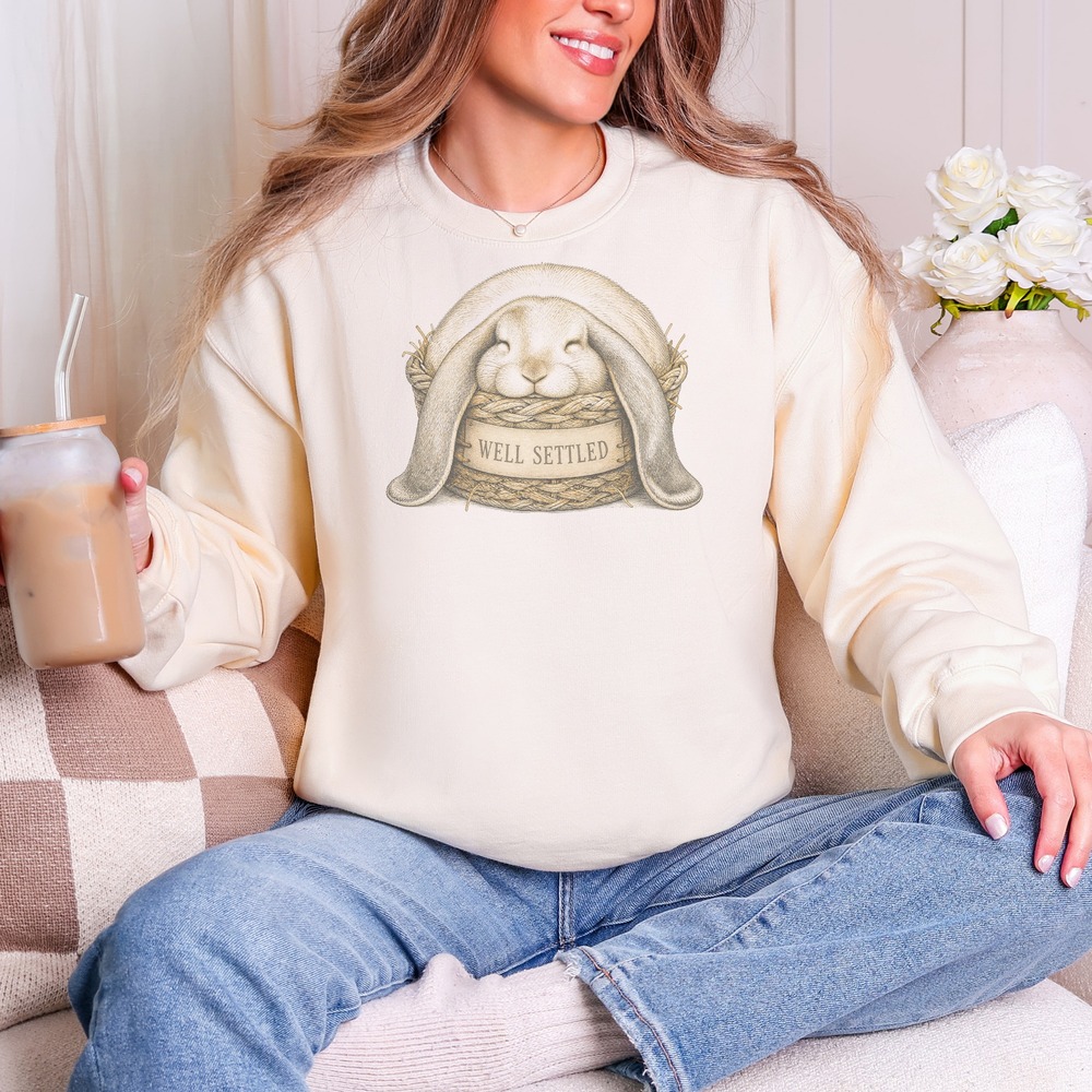 Well Settled Lop-Eared Rabbit Sleeping in Woven Basket Sweatshirt
